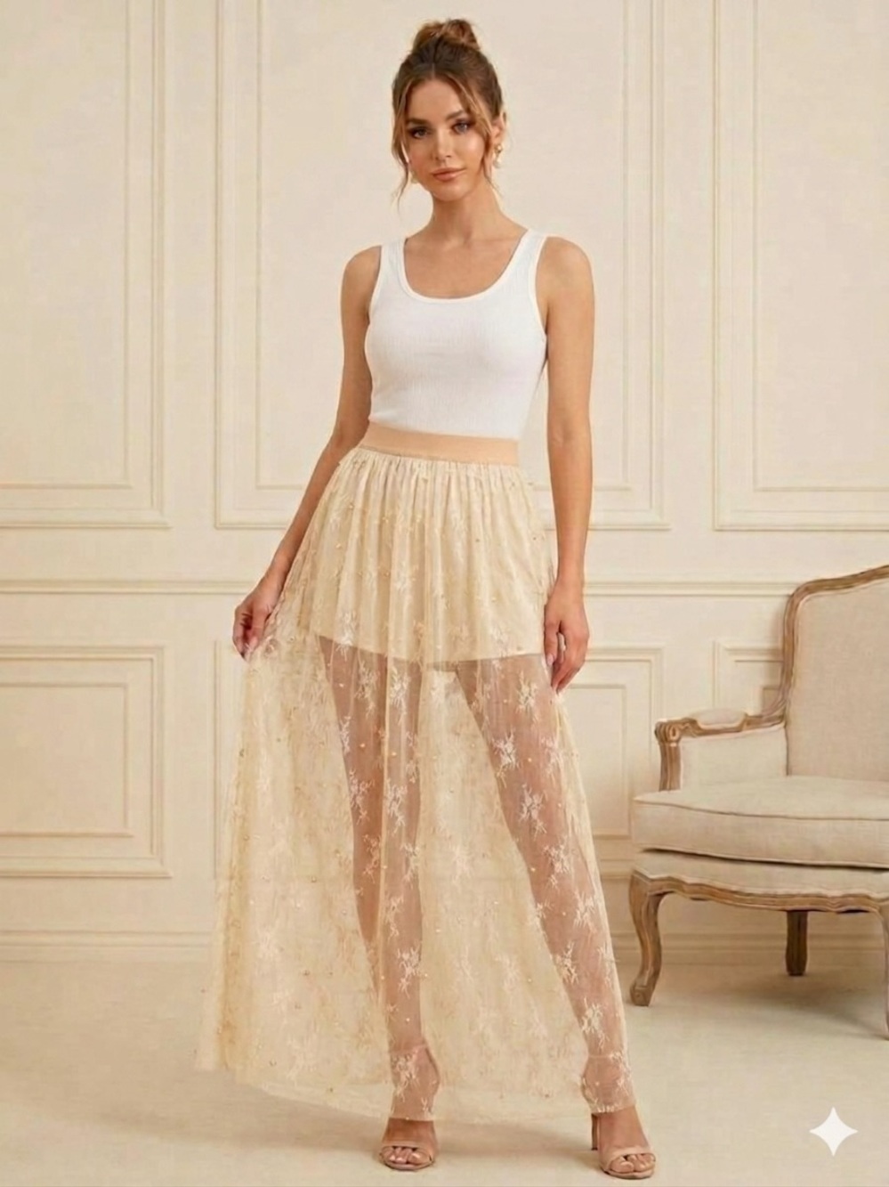 Hayden Sheer Lace Faux-Pearl Embellished Maxi Skirt